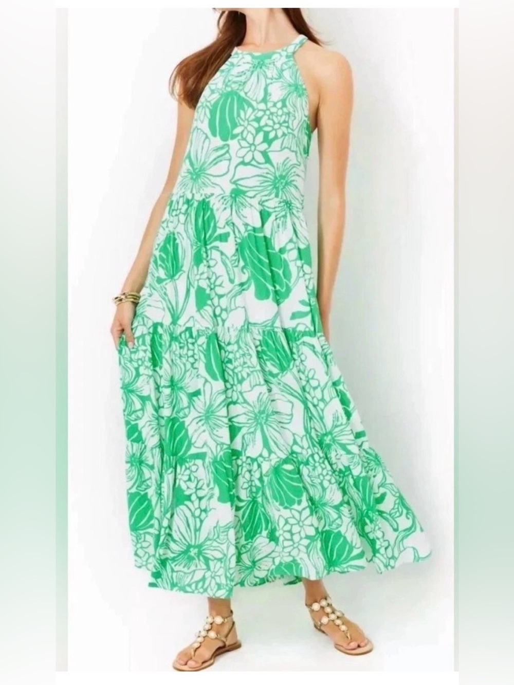 Lilly Pulitzer Beccalyn Halter Maxi Dress – "Green Kiss My Tulips" – Size Small